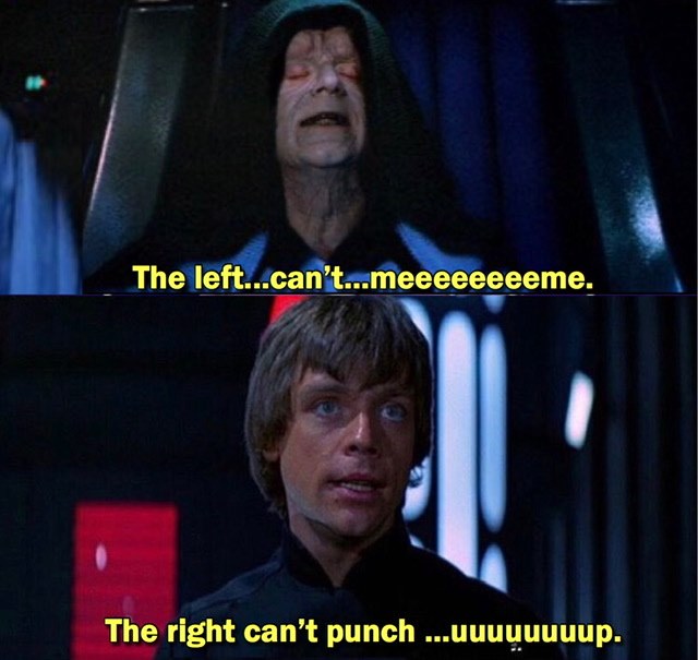 This meme is a play on the infamous "I am the one who knows" scene from the movie Star Wars: The Empire Strikes Back. The top image shows Emperor Palpatine, who says "The left...can't...meeeeeeeem." The bottom image shows Luke Skywalker, who responds with "The right...can't...punch...uuuuuuuuum." The text is a humorous and exaggerated way of expressing frustration and anger, with the use of repetitive and exaggerated sounds.